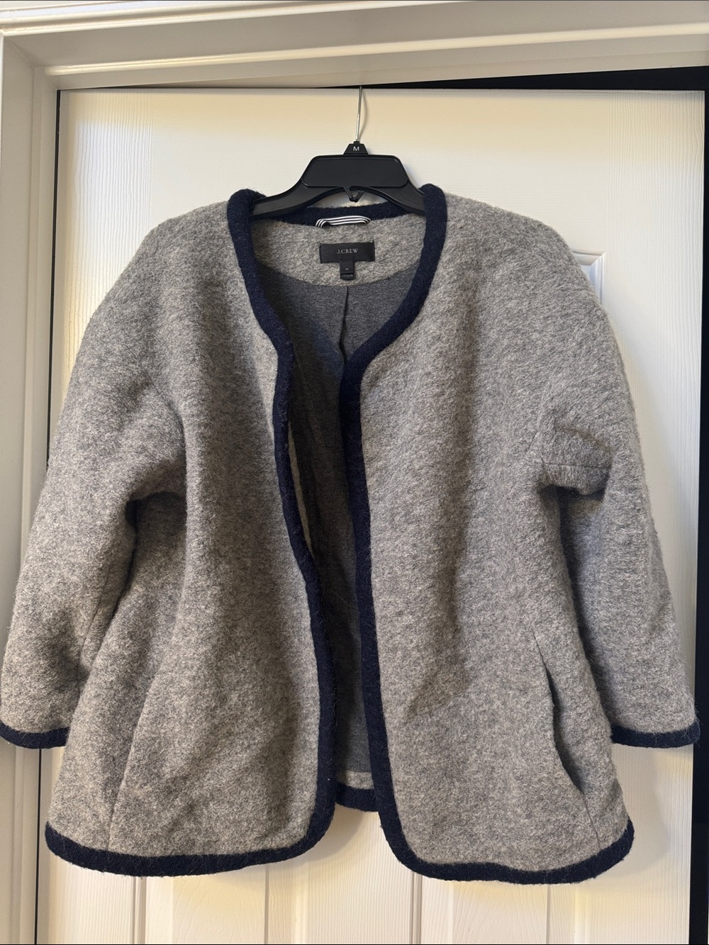 J. Crew Gray Wool-Blend Open Cardigan with Navy Trim